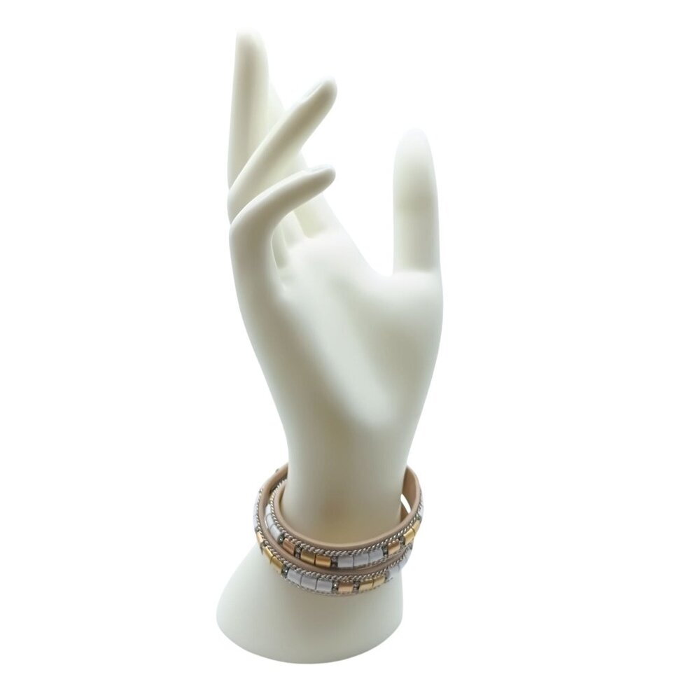 Stella & Dot Tan Leather Cady Wrap Bracelet with Gold & Silver Accents Snap Clos